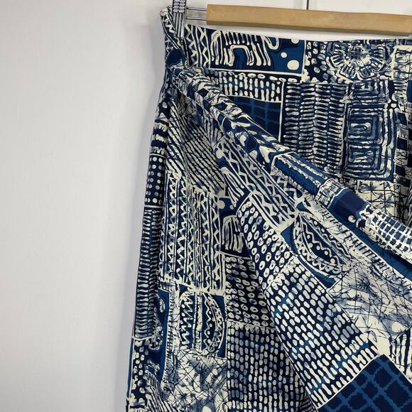Vintage Silk Faux Wrap midi Skirt Blue Tribal Batik Artsy Tie Dye Patchwork L - Picture 3 of 8